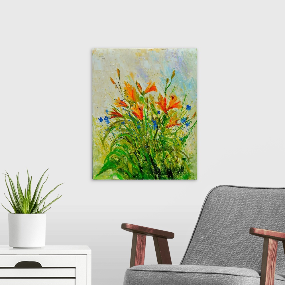 A modern room featuring Vertical watercolor painting of a bouquet of orange flowers against a pastel colored backdrop.