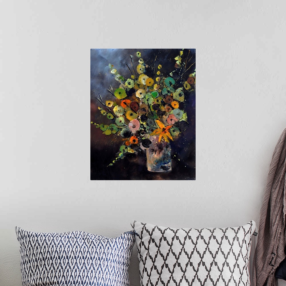 A bohemian room featuring Contemporary painting of a colorful bouquet of flowers in a vase on a dark background.