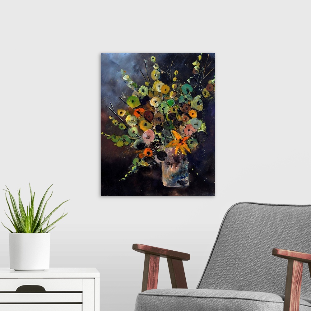 A modern room featuring Contemporary painting of a colorful bouquet of flowers in a vase on a dark background.