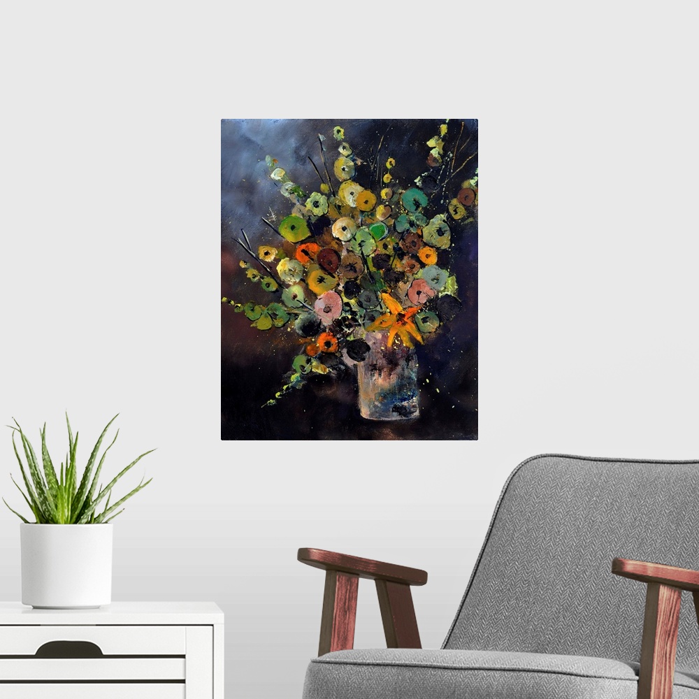 A modern room featuring Contemporary painting of a colorful bouquet of flowers in a vase on a dark background.