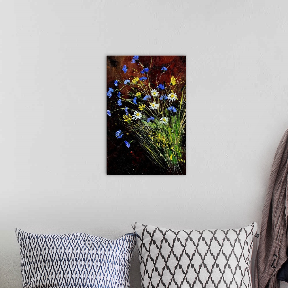 A bohemian room featuring A vertical painting of a bunch of wild flowers against of dark backdrop.