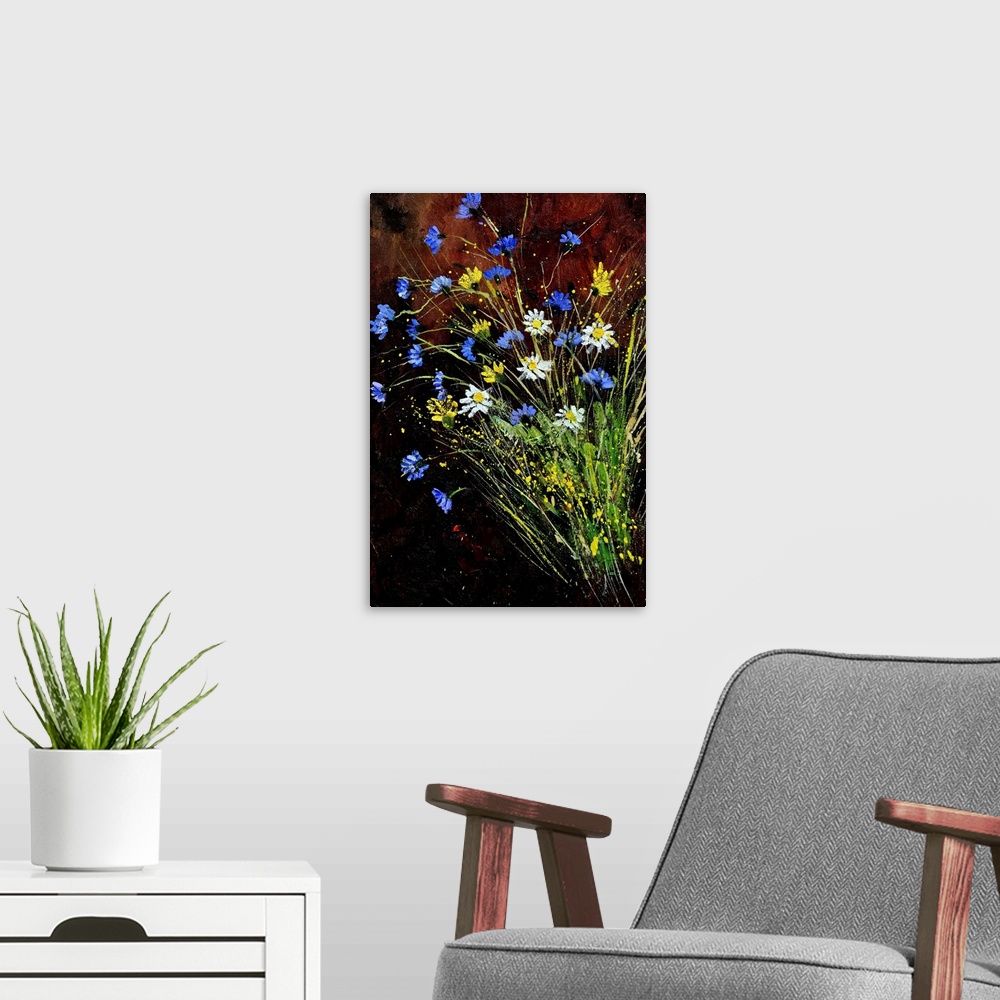A modern room featuring A vertical painting of a bunch of wild flowers against of dark backdrop.