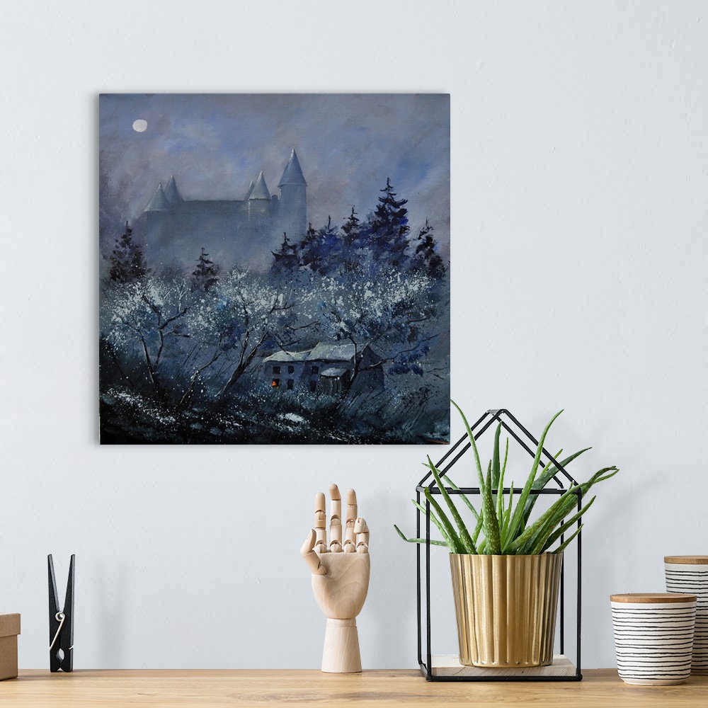 A bohemian room featuring Vertical painting of a nighttime scene of a mist covered village with a castle in Belgium.
