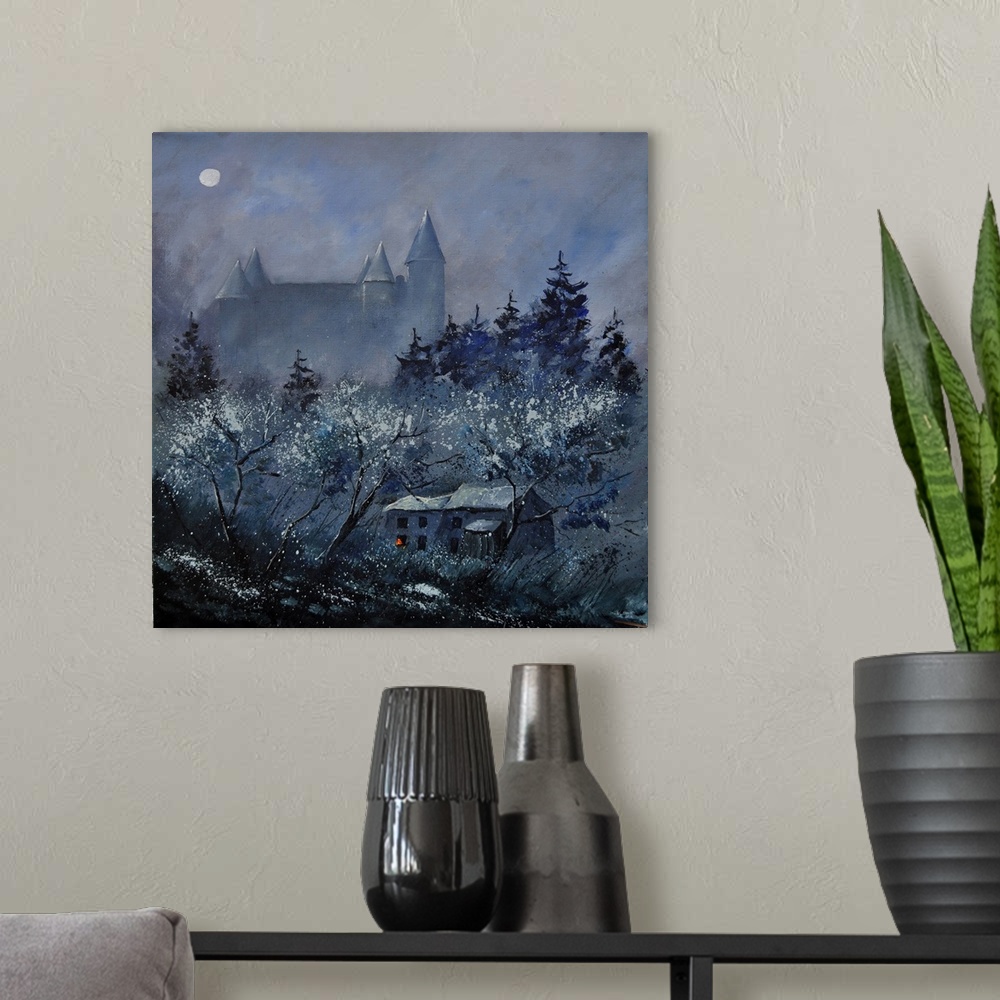 A modern room featuring Vertical painting of a nighttime scene of a mist covered village with a castle in Belgium.