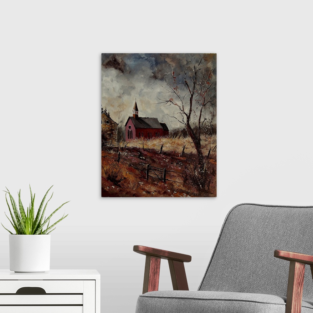 A modern room featuring Vertical painting of the Chapel Of Herhet in dark earth tones.