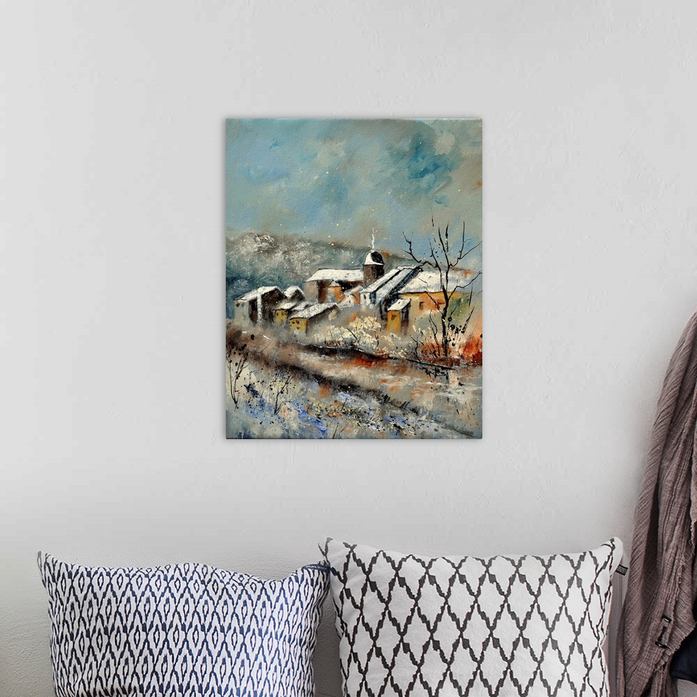 A bohemian room featuring Vertical painting of the village of Chassepierre, Belgium covered in snow.