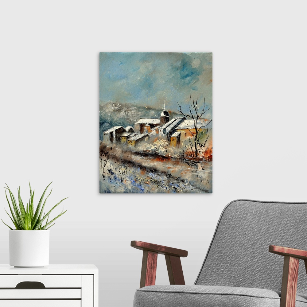 A modern room featuring Vertical painting of the village of Chassepierre, Belgium covered in snow.