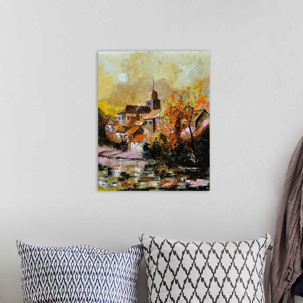 A bohemian room featuring Vertical painting of an Autumn landscape with flowers in the foreground and a Belgium village in ...