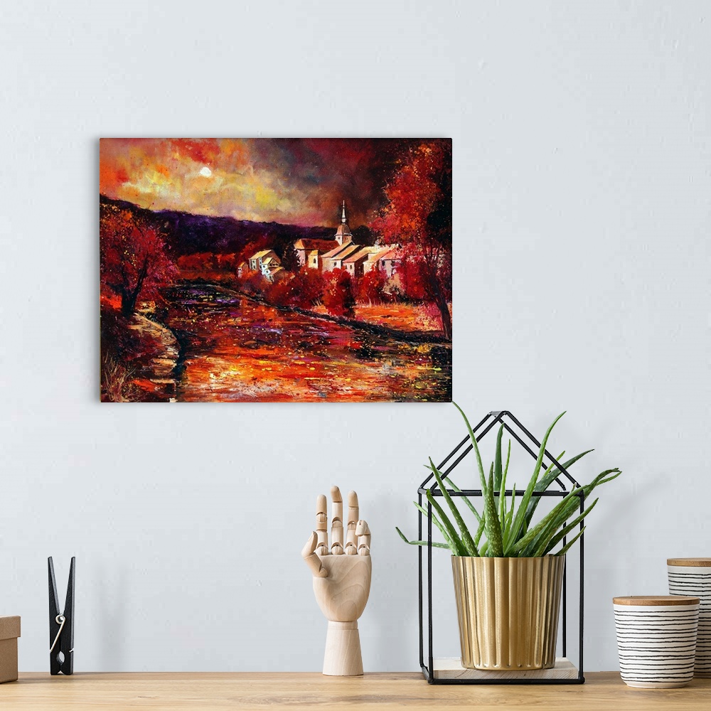 A bohemian room featuring Horizontal painting of the town of Chassepierre in Belgium in vibrant shades of red.