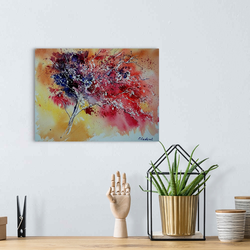 A bohemian room featuring Colorful horizontal watercolor of a tree using colors of red, orange and yellow.
