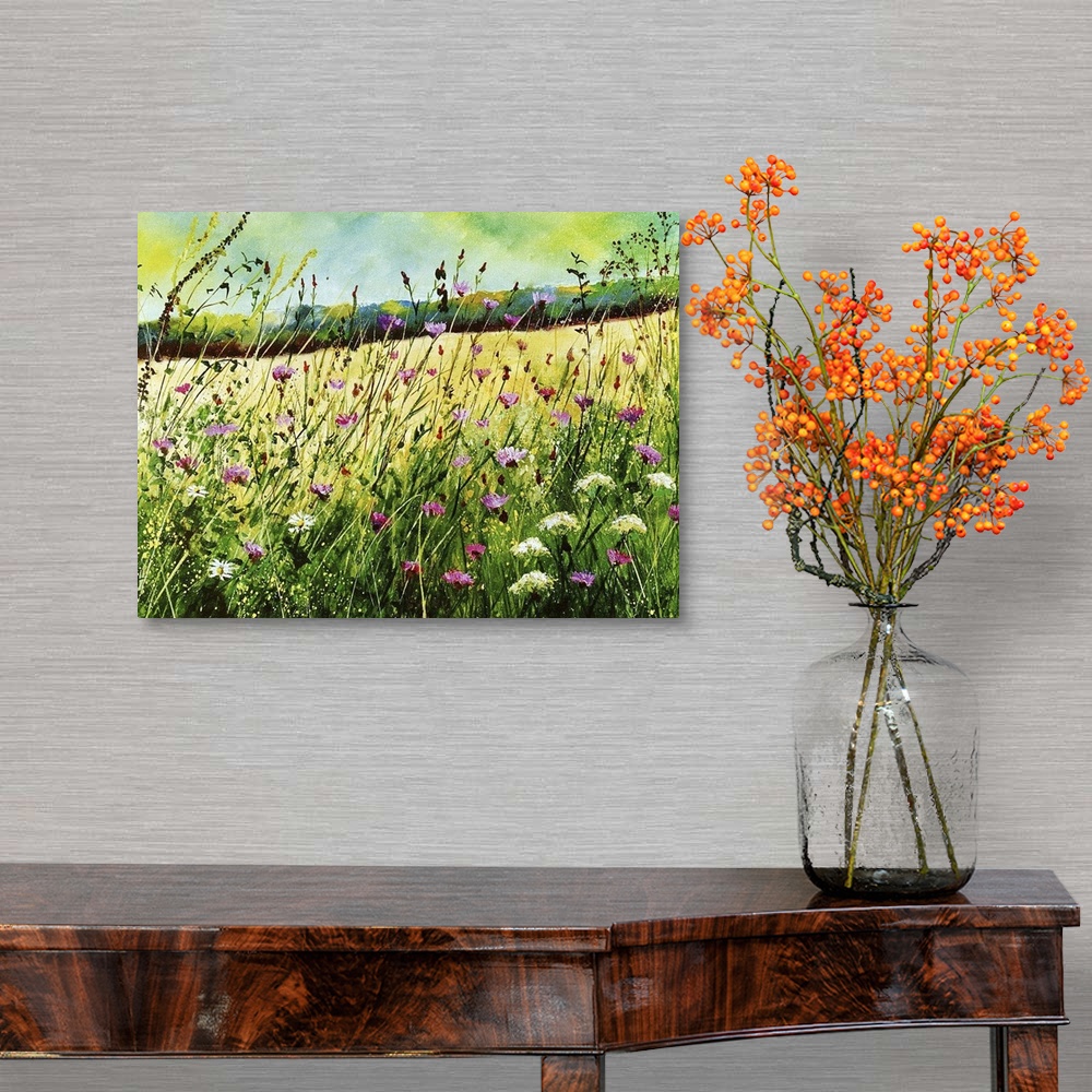 A traditional room featuring A horizontal abstract landscape of a field of wild flowers in vibrant colors.