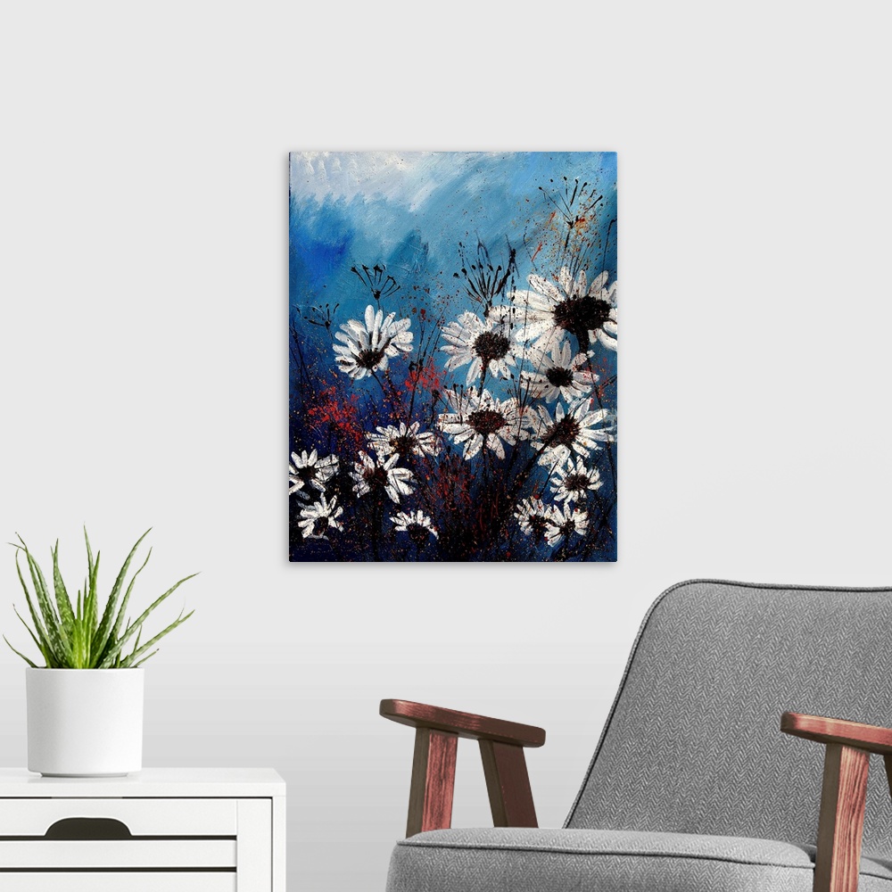A modern room featuring Vertical painting of a group of white daises in front of a blue backdrop.