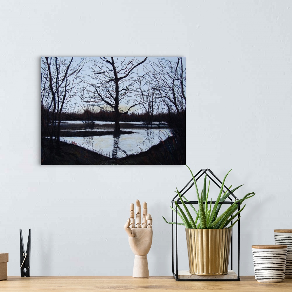 A bohemian room featuring Horizontal painting of silhouetted trees reflecting on a calm river at night fall.