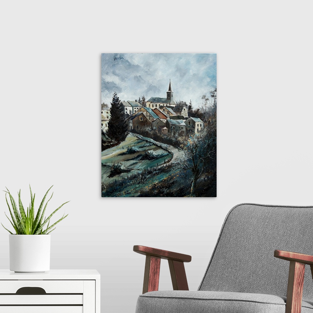 A modern room featuring Vertical painting of a darken landscape with a road in the foreground heading into a Belgium vill...