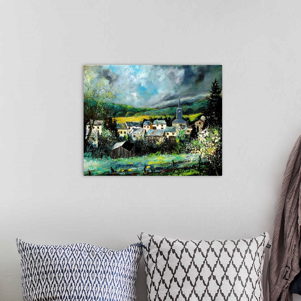 A bohemian room featuring A horizontal contemporary painting of the village of Daverdisse. Daverdisse is a Walloon municipa...