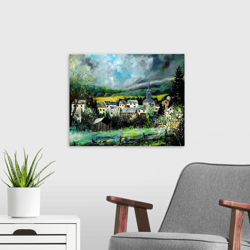 A modern room featuring A horizontal contemporary painting of the village of Daverdisse. Daverdisse is a Walloon municipa...