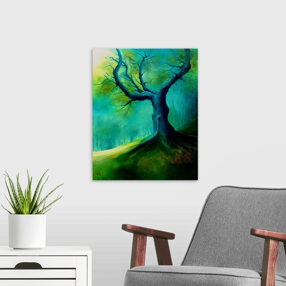 A modern room featuring A dark, moody painting of a desolate, aged tree in shades of blue and green.