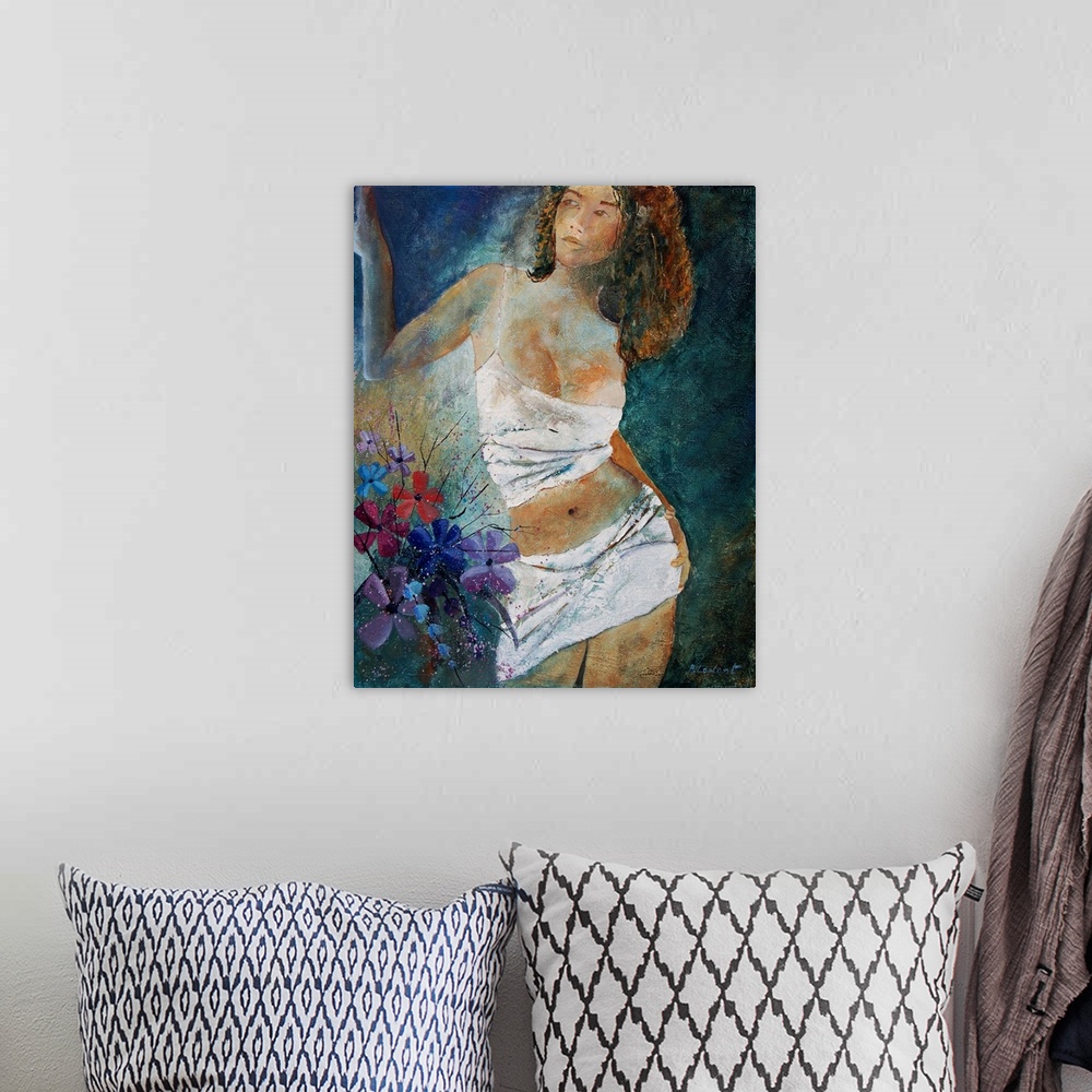 A bohemian room featuring A painting of a woman in white standing next to flowers.
