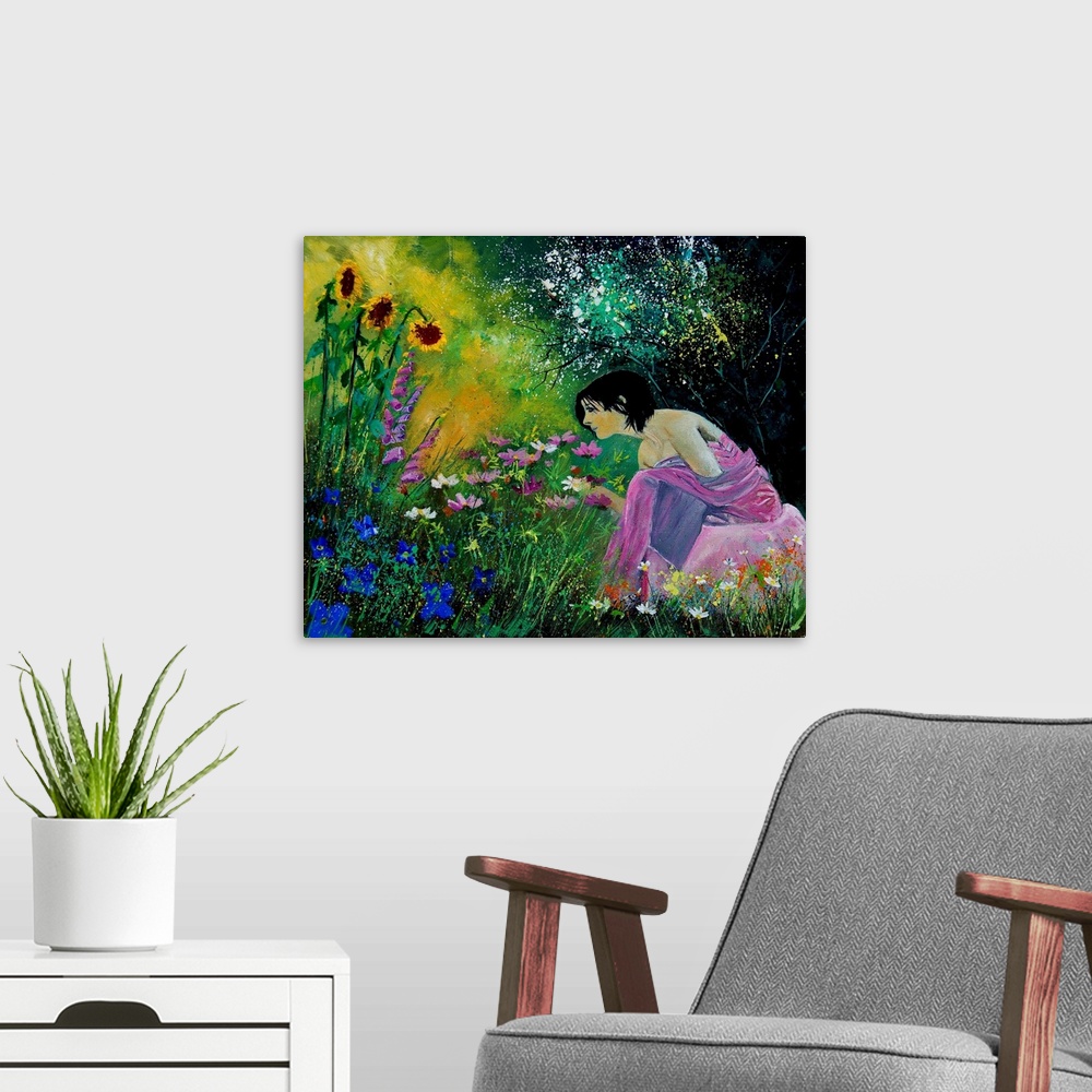 A modern room featuring Horizontal portrait of a woman sitting in a garden full of blooming flowers in the spring.