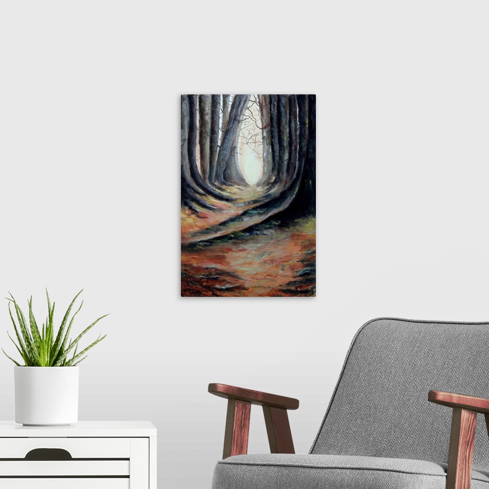 A modern room featuring A vertical painting of a path through a wooded forest.