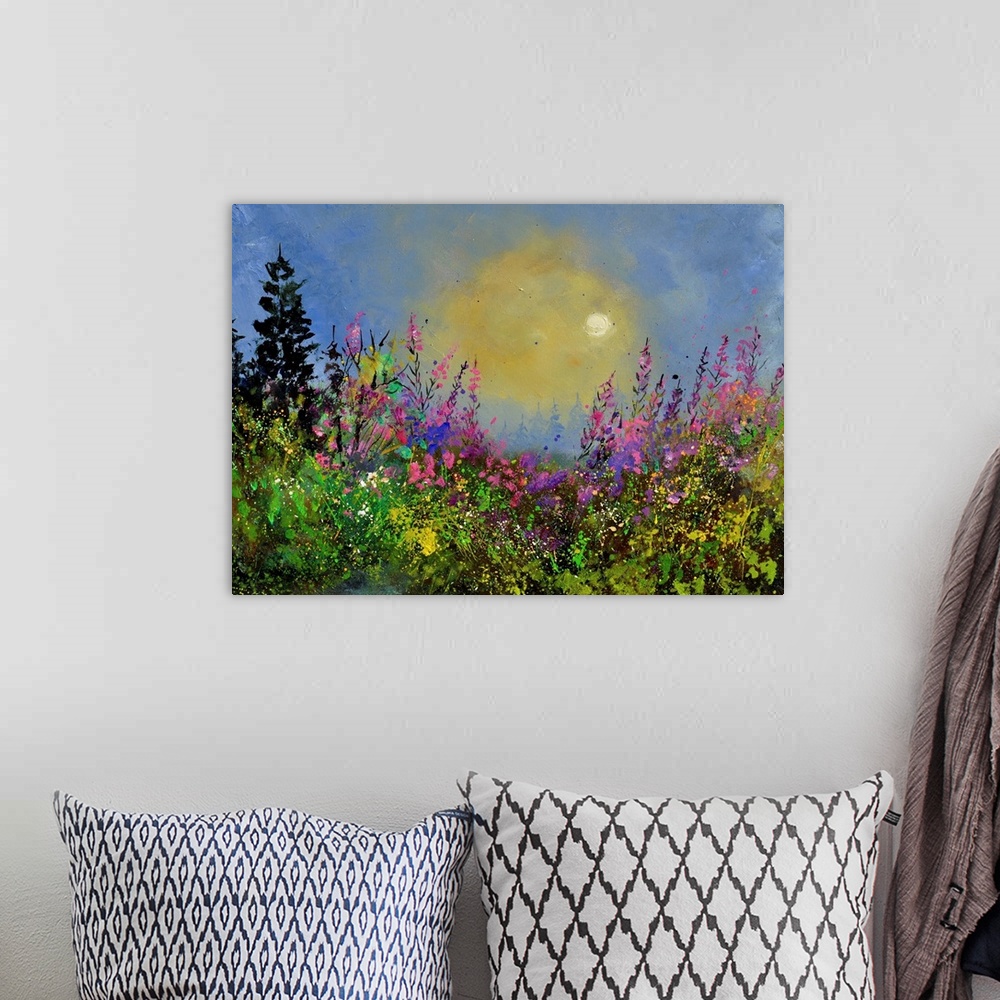 A bohemian room featuring Painting of colorful flowers in a garden and a bright blue sky with small speckles of paint overl...