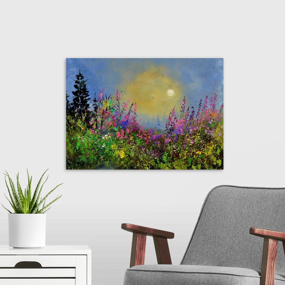 A modern room featuring Painting of colorful flowers in a garden and a bright blue sky with small speckles of paint overl...