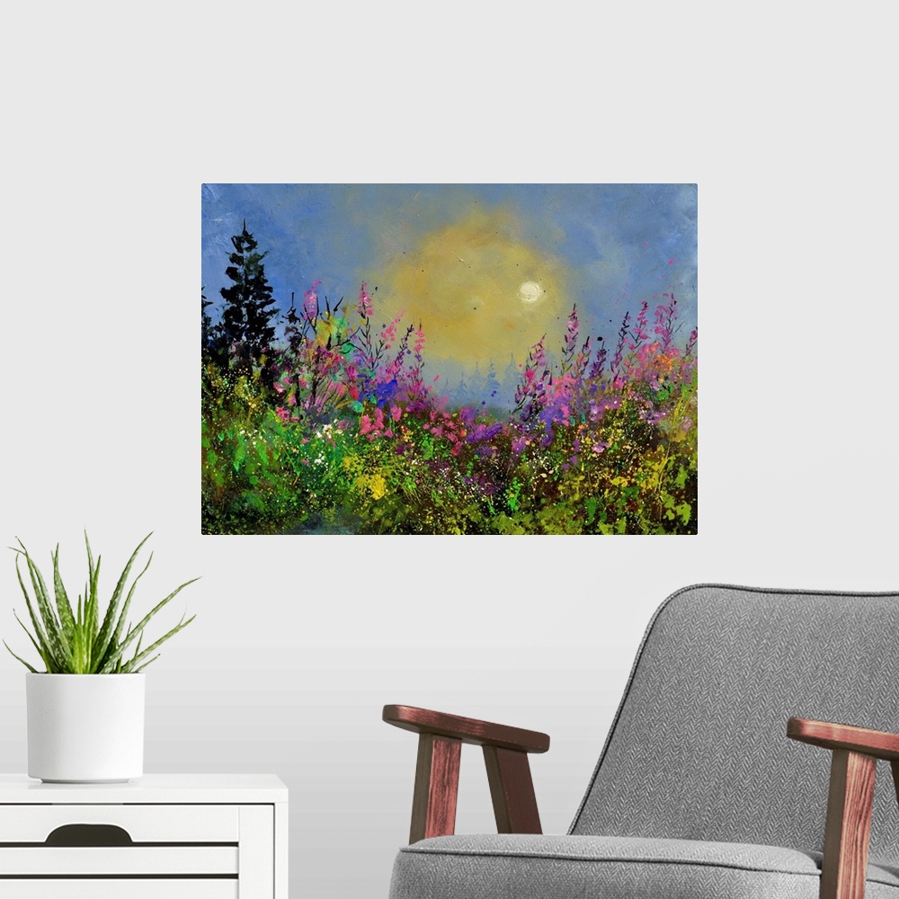 A modern room featuring Painting of colorful flowers in a garden and a bright blue sky with small speckles of paint overl...
