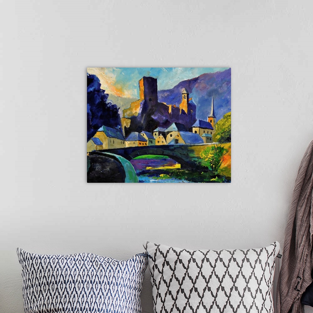 A bohemian room featuring Horizontal painting of a village of Esch, Belgium in the spring time done in vibrant colors.