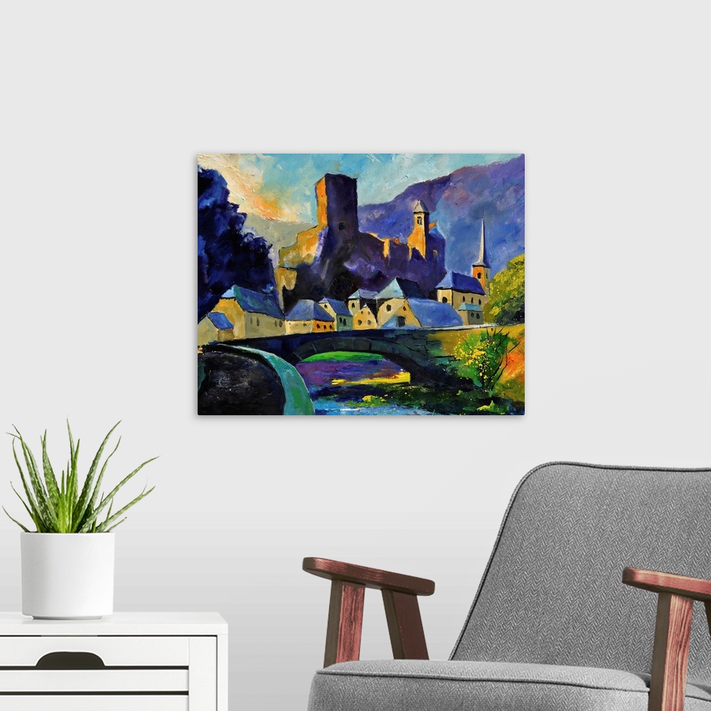 A modern room featuring Horizontal painting of a village of Esch, Belgium in the spring time done in vibrant colors.