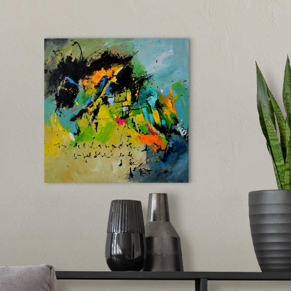 A modern room featuring A square abstract painting in muted shades of green, blue, orange and yellow with splatters of pa...