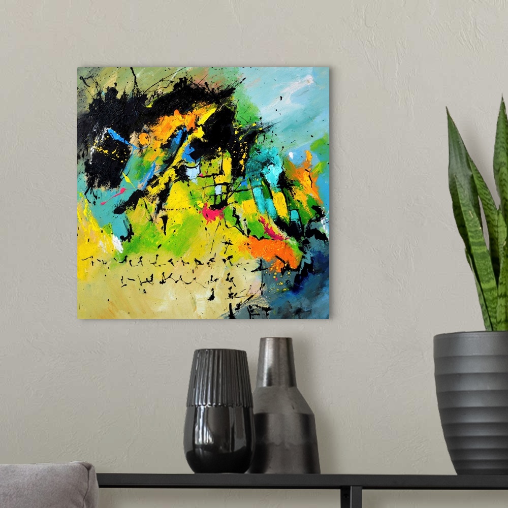 A modern room featuring A square abstract painting in dark shades of black, blue, green and yellow with splatters of pain...