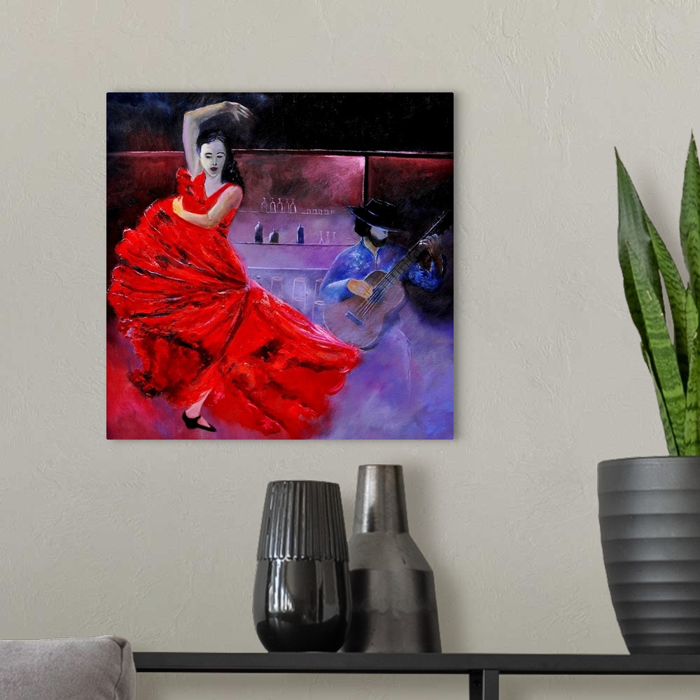 A modern room featuring A contemporary painting of a Flamenco dancer in a red dress with a guitar player.