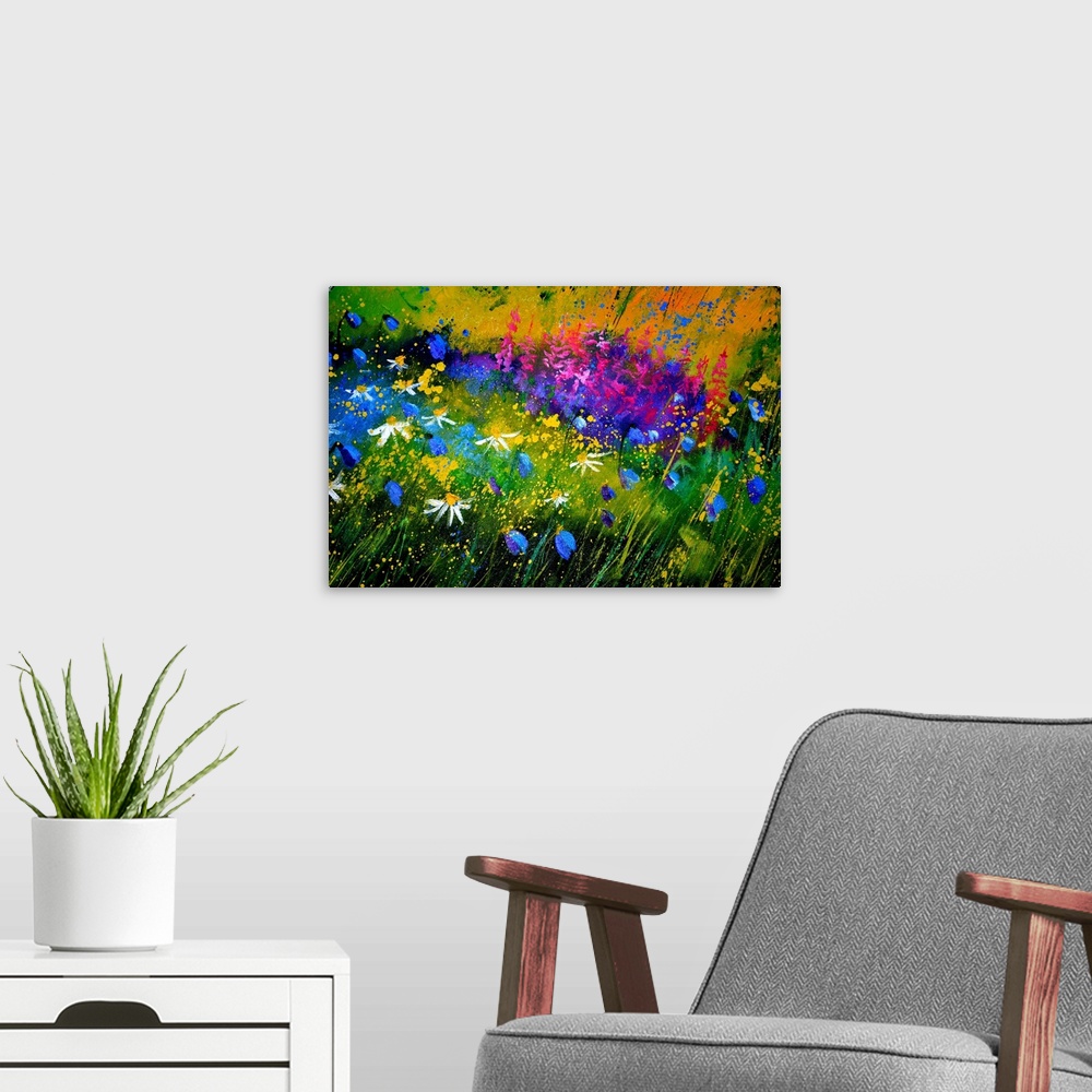 A modern room featuring Horizontal painting of colorful flowers in a garden with small speckles of paint overlapping.