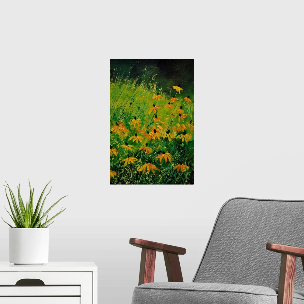 A modern room featuring A field of orange flowers among vibrant green grass with small splatter of paint overlapping.