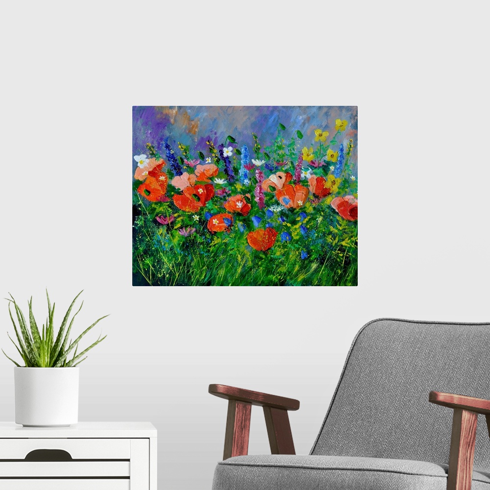 A modern room featuring Horizontal painting of colorful flowers in a garden and a bright blue sky with small speckles of ...