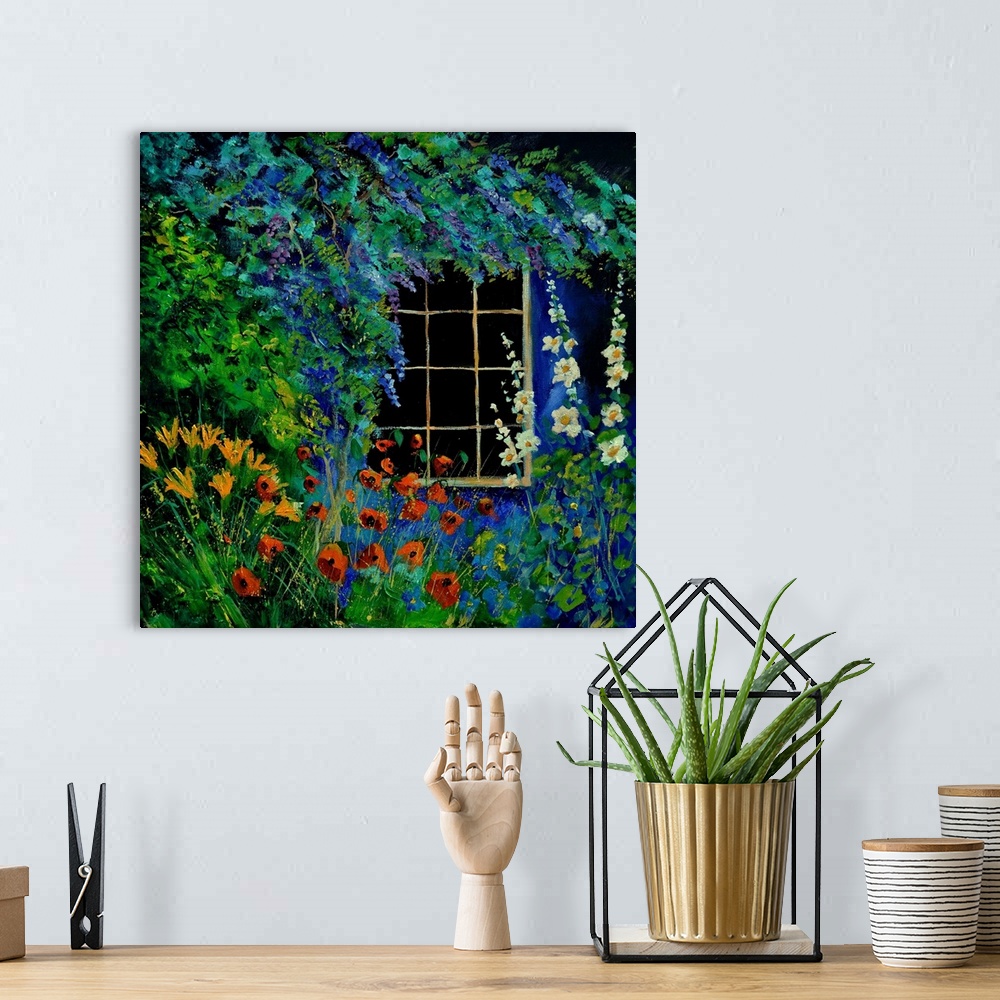 A bohemian room featuring Square painting of a window surrounded by blooming flowers in a garden.