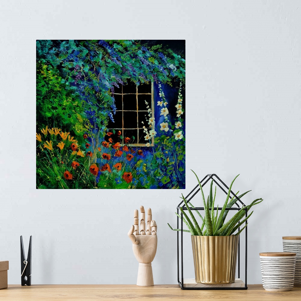 A bohemian room featuring Square painting of a window surrounded by blooming flowers in a garden.