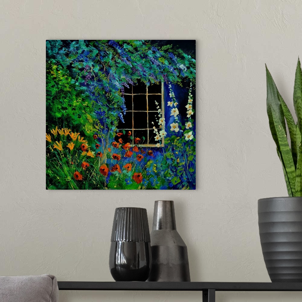 A modern room featuring Square painting of a window surrounded by blooming flowers in a garden.