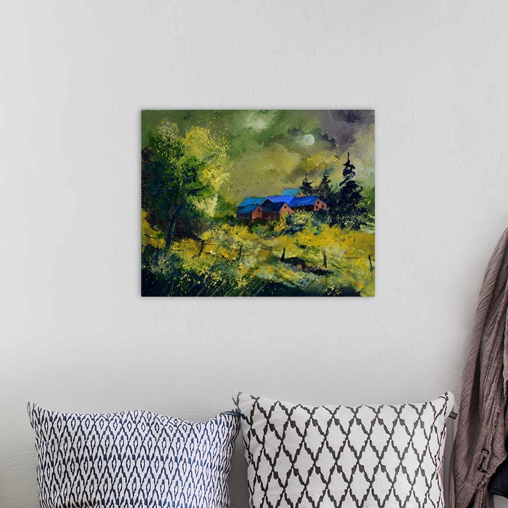 A bohemian room featuring A contemporary painting of a barn framed by trees in the countryside.