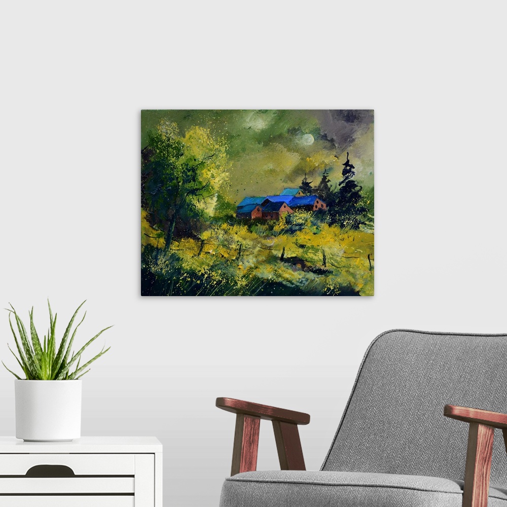 A modern room featuring A contemporary painting of a barn framed by trees in the countryside.