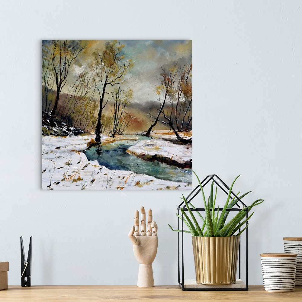 A bohemian room featuring A muted painting of a winding river through a snowy countryside, with bare trees and a cloudy sky.