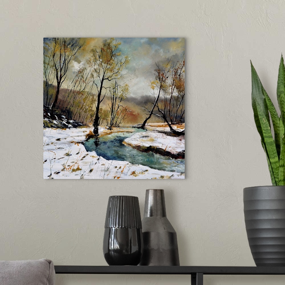 A modern room featuring A muted painting of a winding river through a snowy countryside, with bare trees and a cloudy sky.