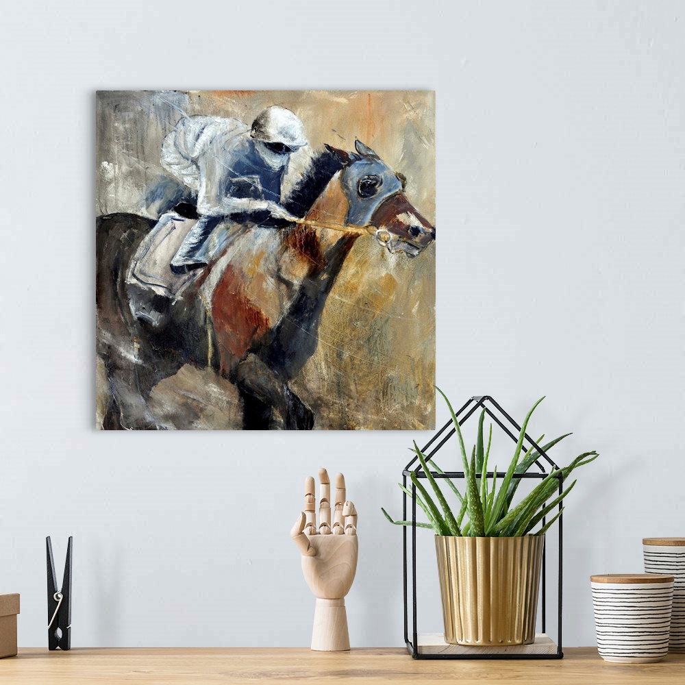 A bohemian room featuring Square complementary painting of a jockey and horse racing in textured natural tones.