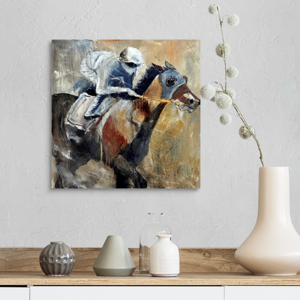 A farmhouse room featuring Square complementary painting of a jockey and horse racing in textured natural tones.