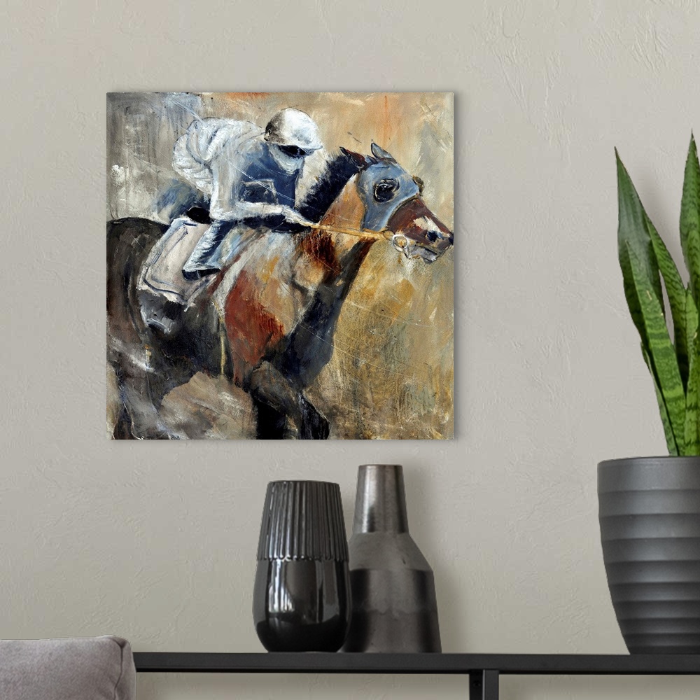 A modern room featuring Square complementary painting of a jockey and horse racing in textured natural tones.