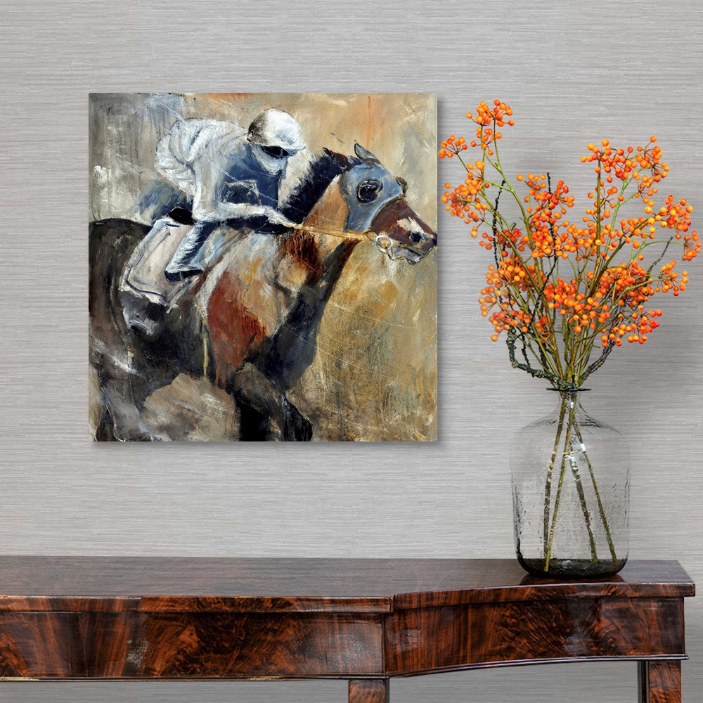 A traditional room featuring Square complementary painting of a jockey and horse racing in textured natural tones.