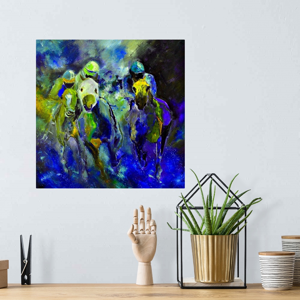 A bohemian room featuring Square complementary painting of a group of horses racing in textured tones of blue and green.