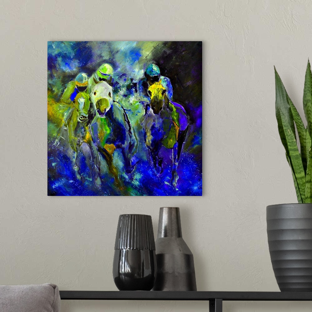A modern room featuring Square complementary painting of a group of horses racing in textured tones of blue and green.