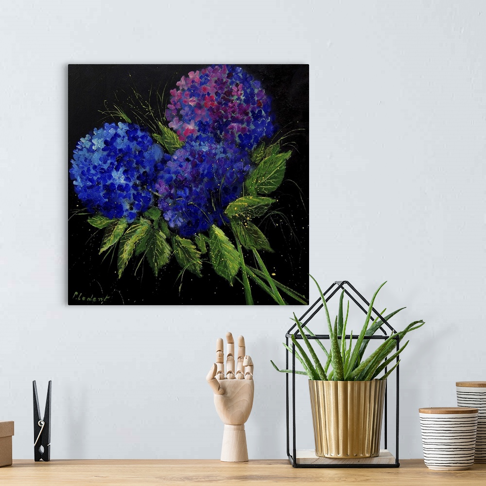 A bohemian room featuring Contemporary painting of a colorful bouquet of flowers on a black background.