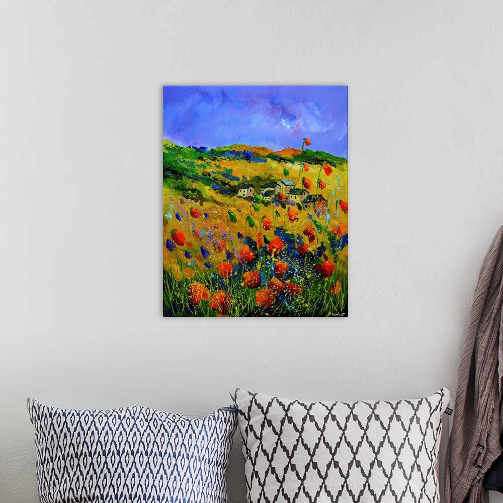A bohemian room featuring Contemporary abstract painting of a wildflowers with houses in the distance.